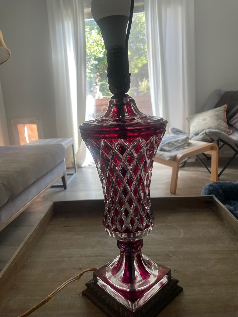 Bohemian Vintage polished glass with red flashed design bronze base. works